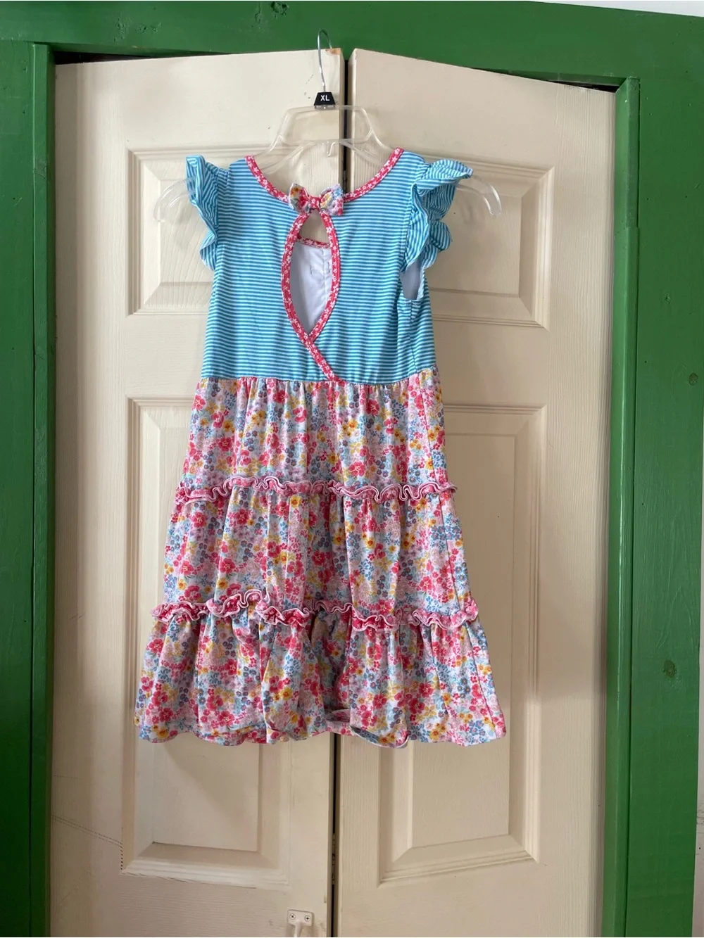 Girls Blue & Pink Floral Ruffle Tiered Dress